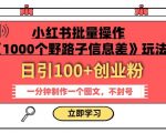 小红书批量操作《1000个野路子信息差》玩法，一分钟制作一个图文，不封号，日引100+创业粉